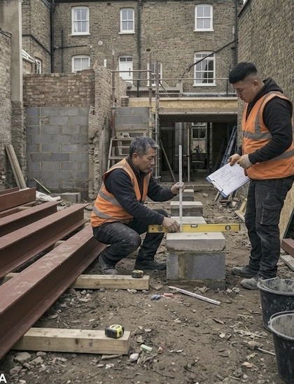 VPR site engineer levelling a padstone on blockwork piers, structural drawings on clipboard