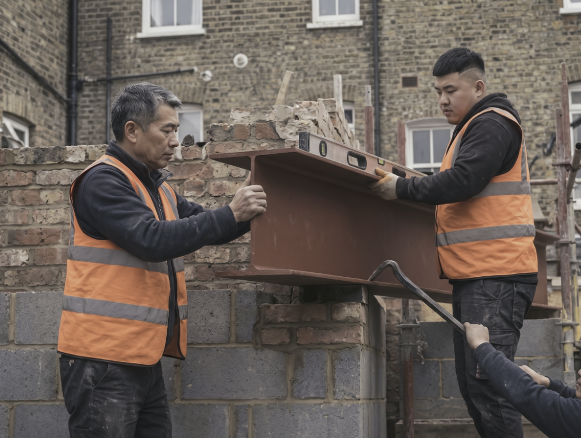 VPR operatives lifting a primer-red RSJ onto blockwork piers