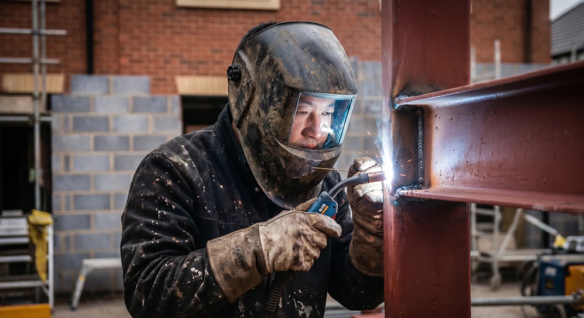 VPR welder fusing a primer-red RSJ on a London terrace site